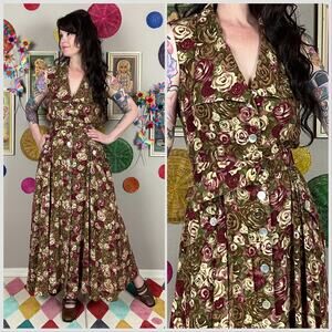 Vintage 1980s Brown Floral Sleeveless Button Front Midi Dress